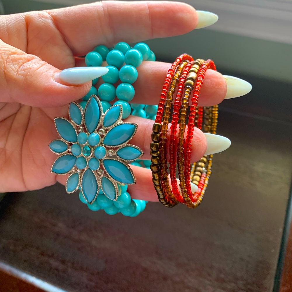 Bundle of (2) fashion beaded bracelets. NWOT. Red/copper bracelet is han…